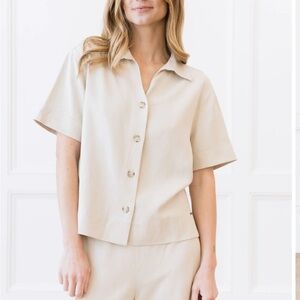 NWT Cozy Earth Lived in Short Sleeve Linen Shirt, Stone, S